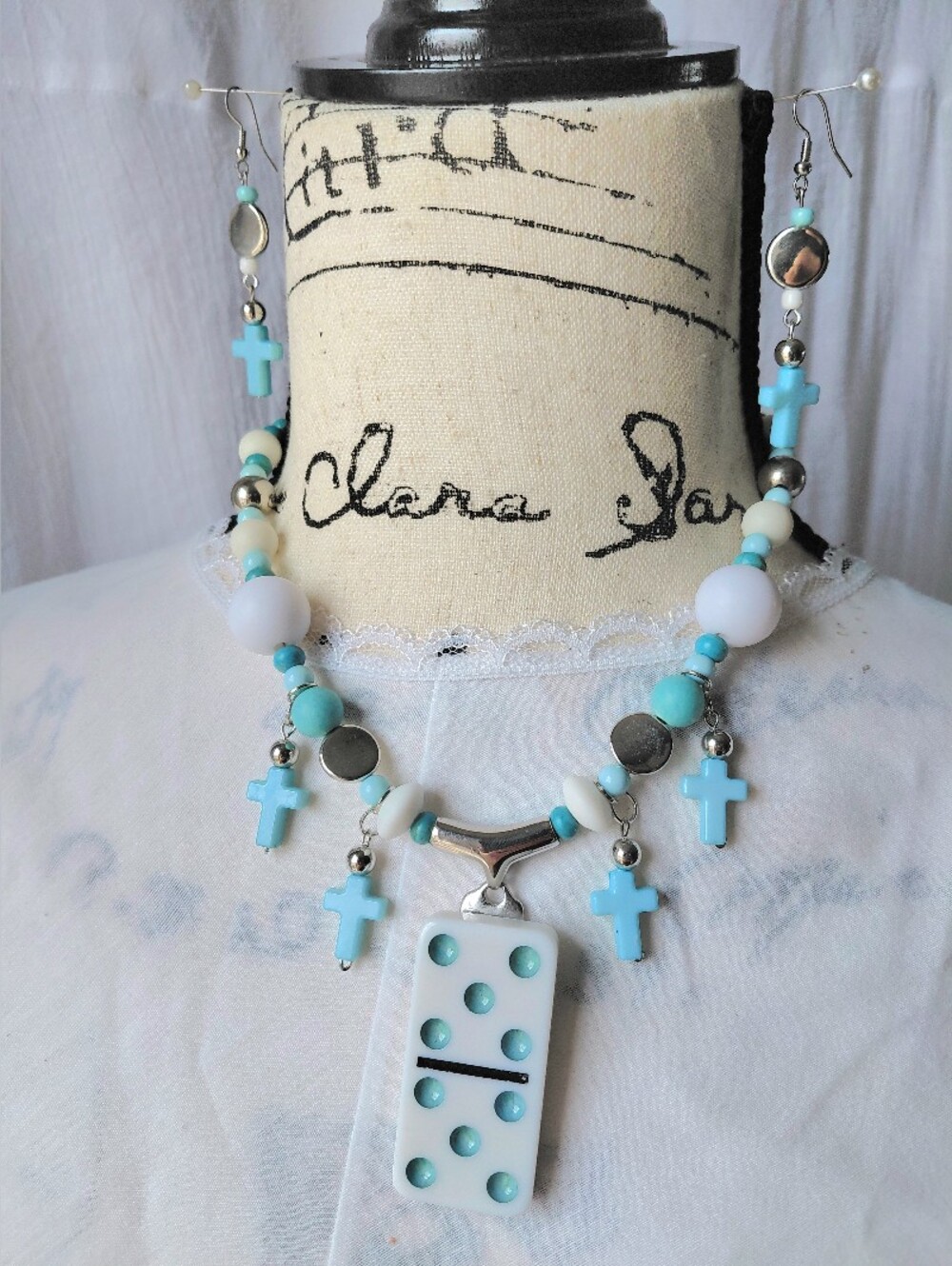 OOAK Handmade Turquoise Cross and Domino Necklace & earrings Set